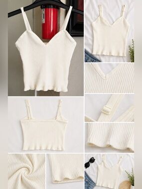 Zara Cream Ribbed V-Neck Adjustable-Strap Cami